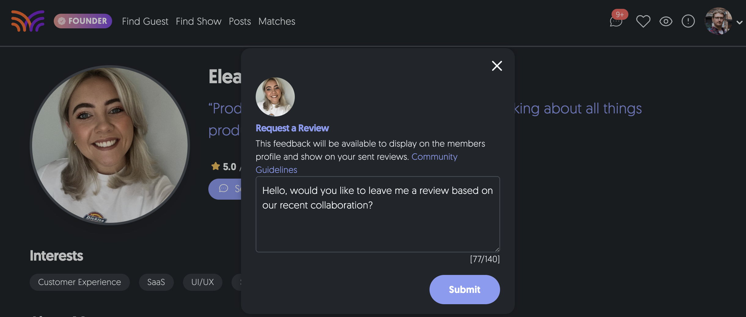 Sending a message to request a review.
