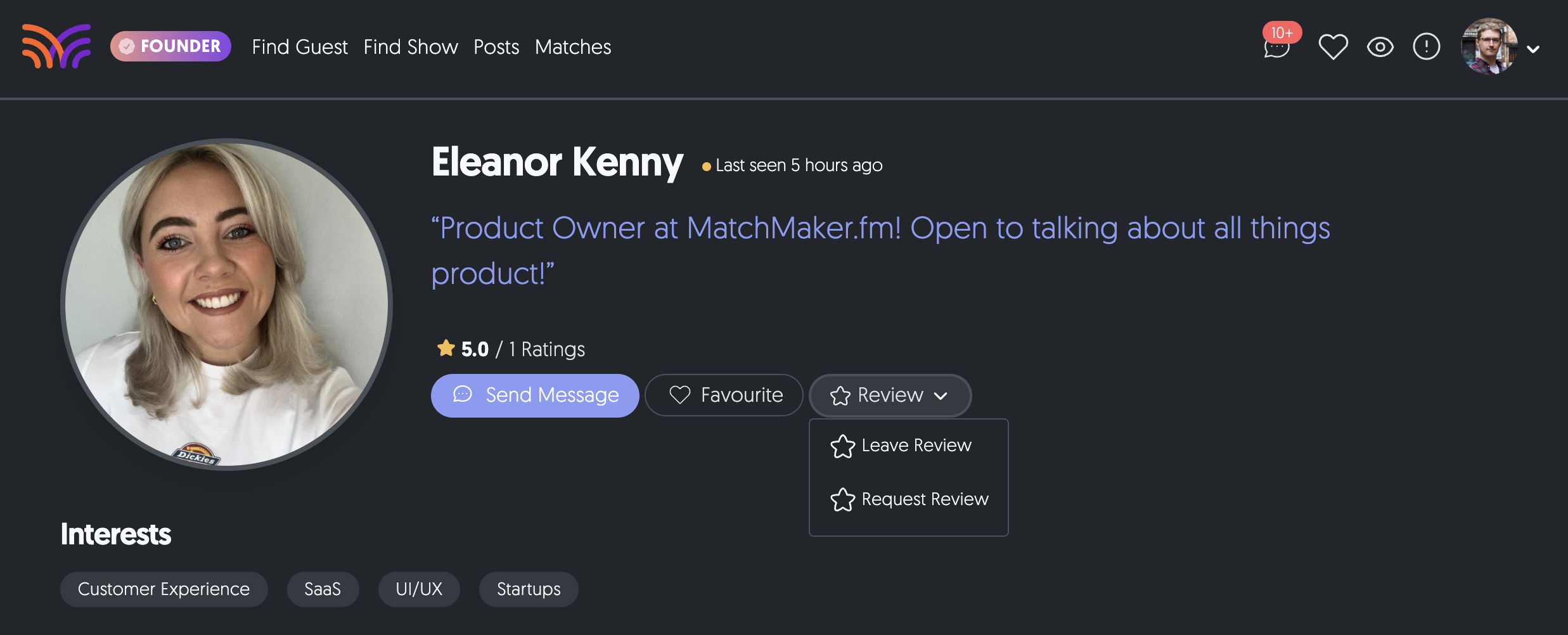 Viewing a profile and selecting the review option.