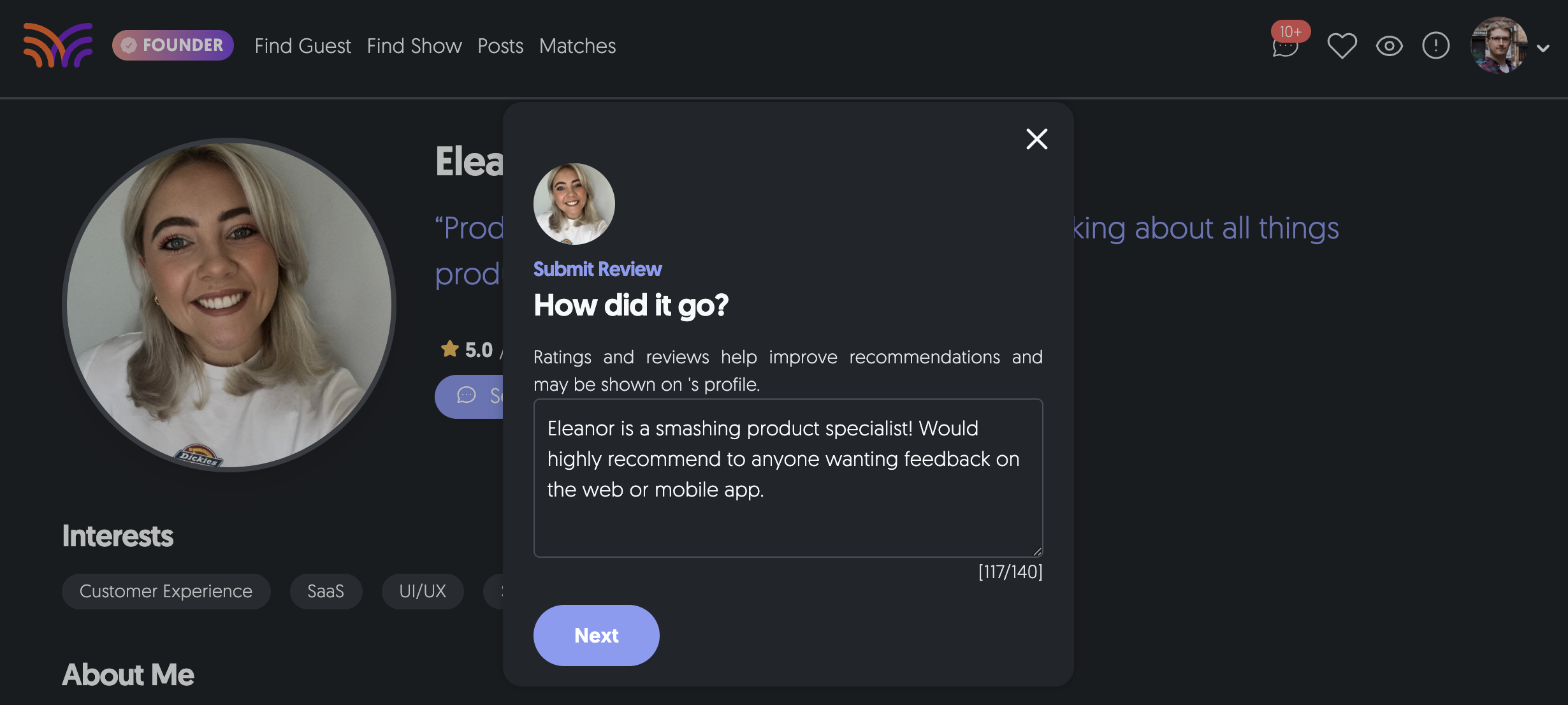 Writing a review for the profile.