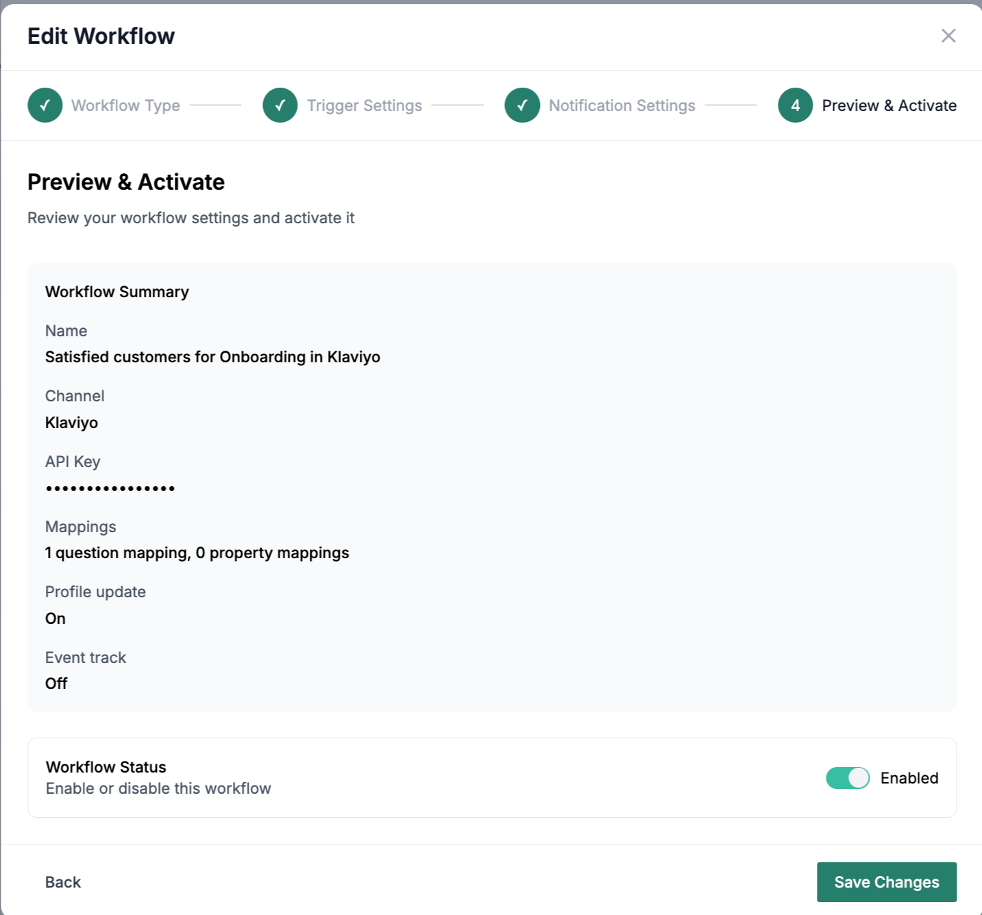 Klaviyo workflow setup screen in zenloop