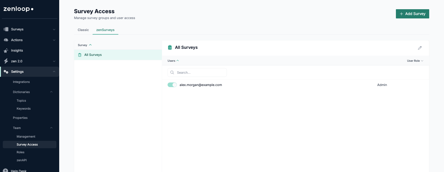 Screenshot of Settings > Team with the zenSurveys tab selected