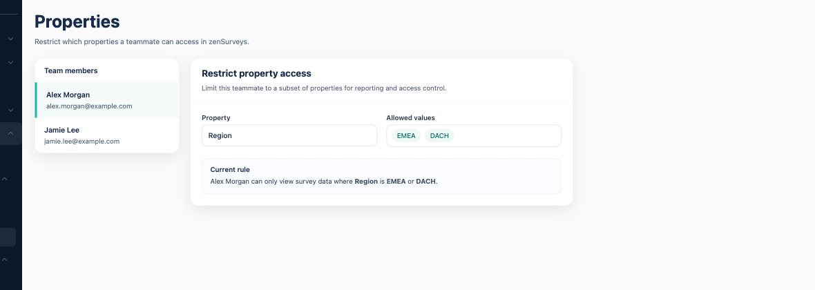 Screenshot of the Properties page with an example property restriction