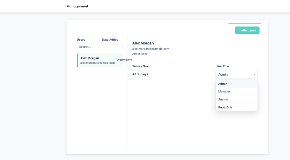 Screenshot of the user access detail panel with the role dropdown open