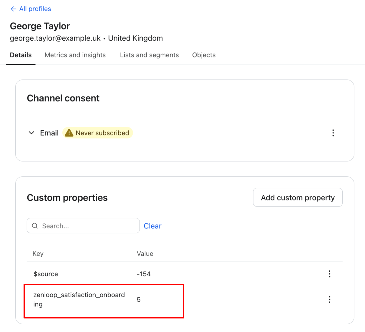 Mapped zenloop response data shown as custom properties in Klaviyo