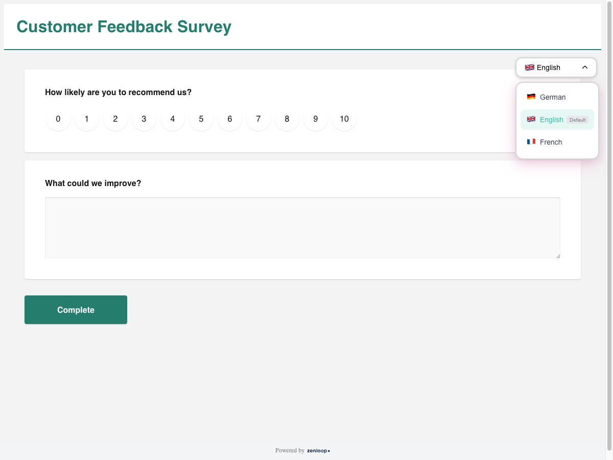 Language selector dropdown in a zenSurvey