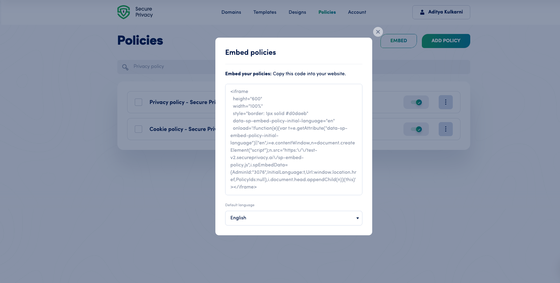 [screenshot: embed policy popup]