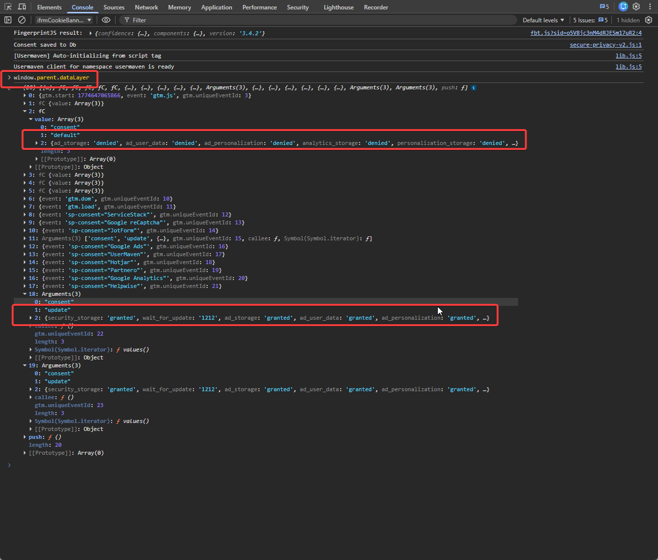 Chrome DevTools Console showing window.parent.dataLayer with Google Consent Mode v2 consent events — default state with all consent types denied on load, followed by an update event setting ad_storage, analytics_storage and ad_personalization to granted after user accepts the cookie banner