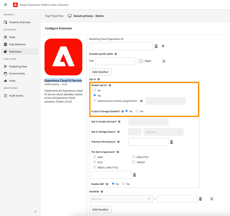 [screenshot: Adobe Experience Cloud ID Service extension with Opt In settings highlighted]