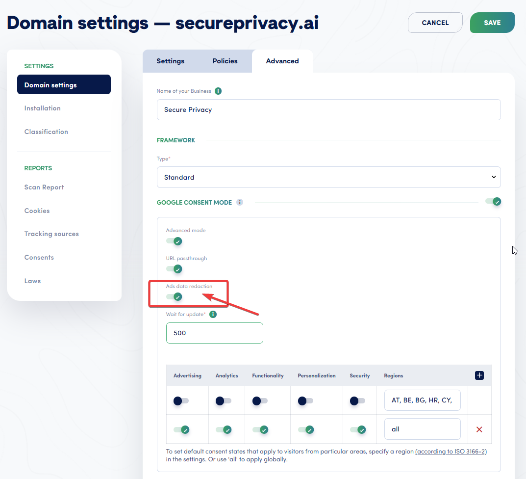 Secure Privacy domain settings panel showing Ads Data Redaction toggle enabled under Google Consent Mode Advanced mode