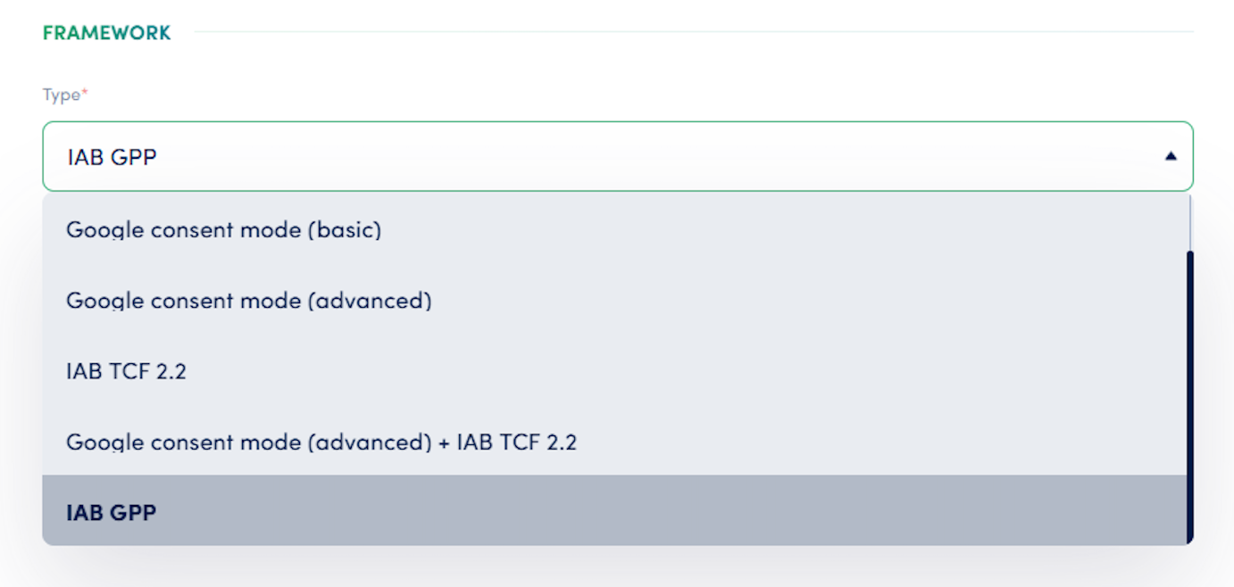 [screenshot: SecurePrivacy GPP Framework dropdown and vendor selection]