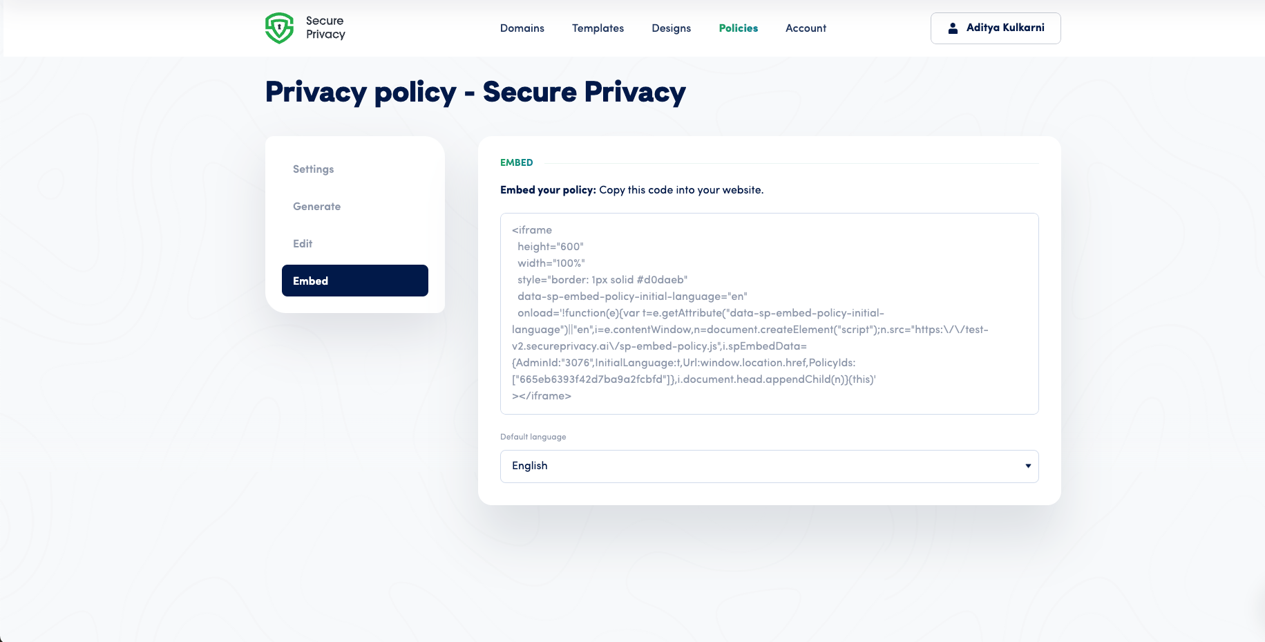 [screenshot: individual policy embed code tab]