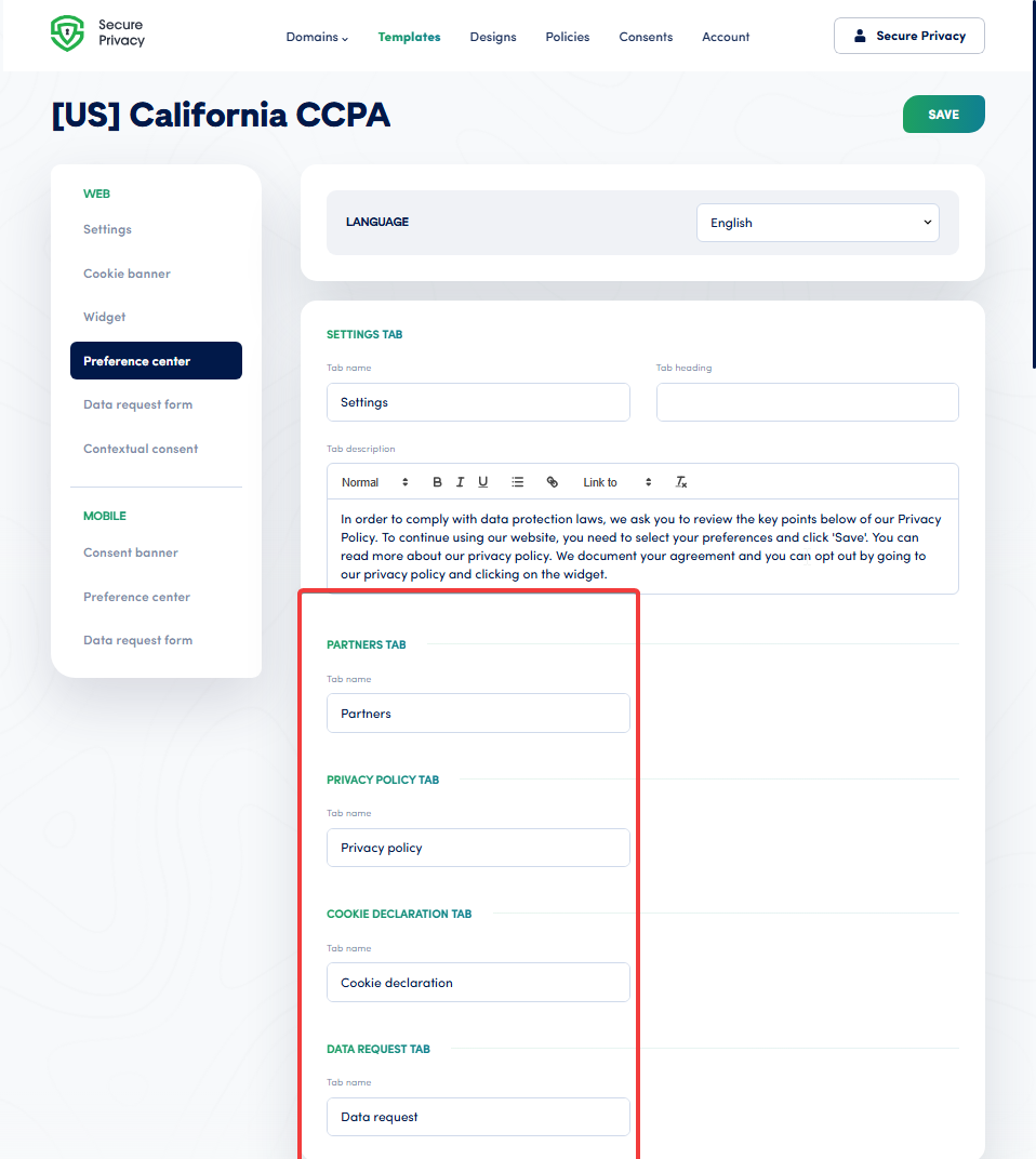 Secure Privacy Preference center settings screen showing Settings tab, Partners tab, Privacy policy tab, and Cookie declaration tab
