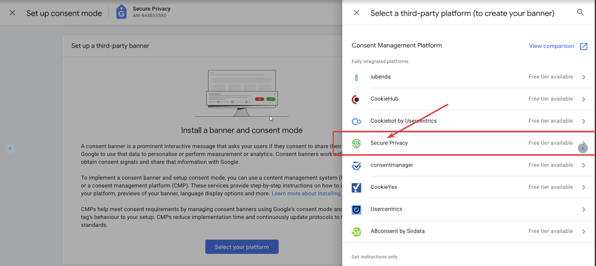 Google consent mode platform picker showing Secure Privacy listed under Fully integrated platforms with a Free tier available label