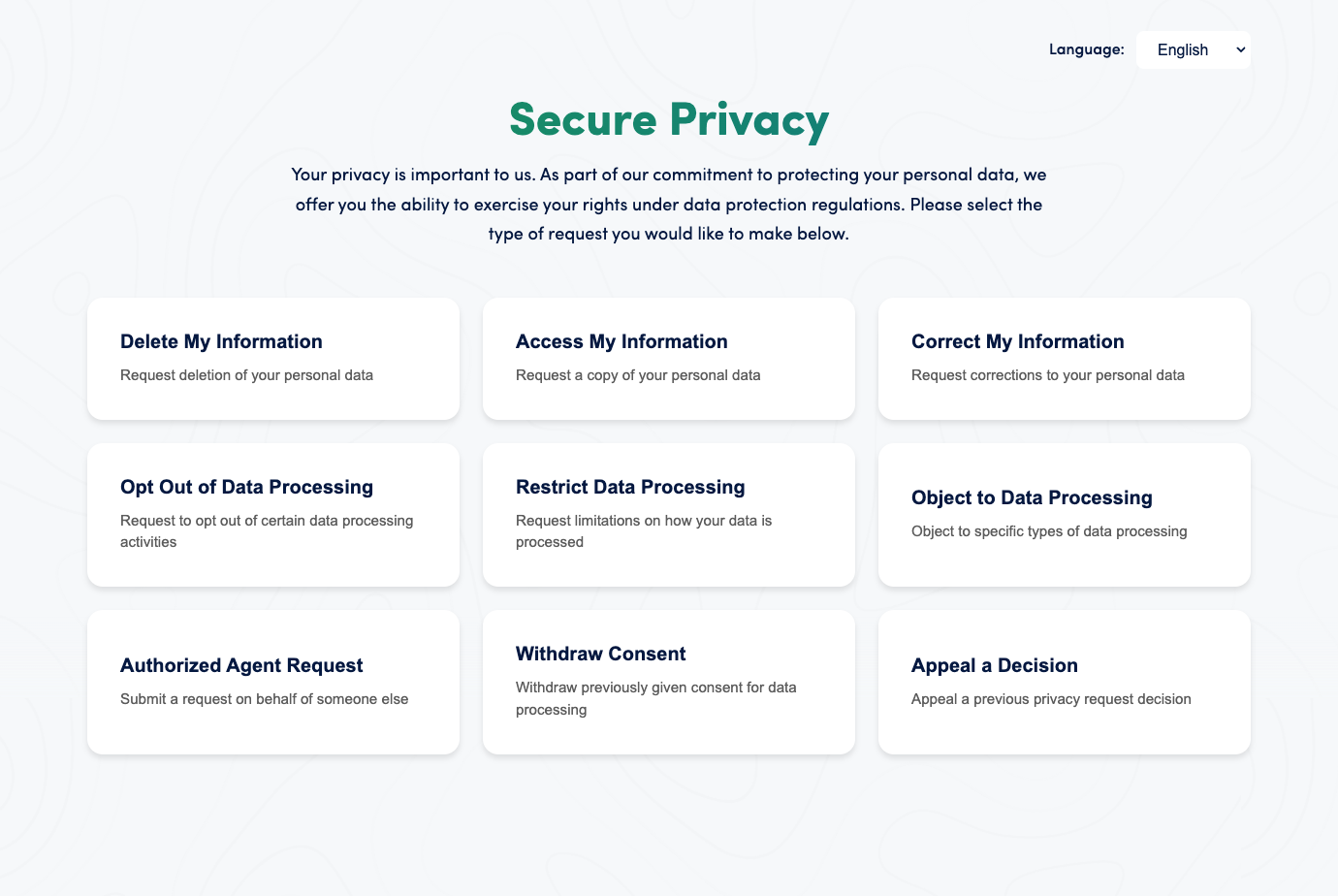 Secure Privacy cookie banner editor with Link to dropdown open, showing the Link to external data request form option highlighted for connecting the Self-Service Privacy Rights Portal