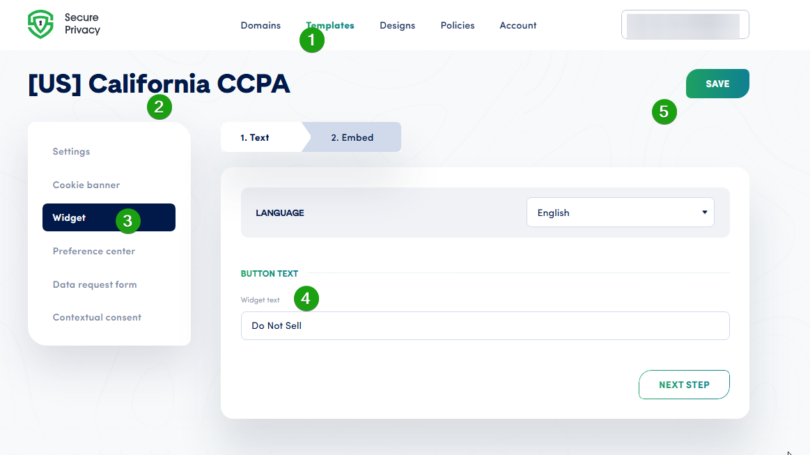 Screenshot of Secure Privacy CCPA template settings with the Widget section highlighted
