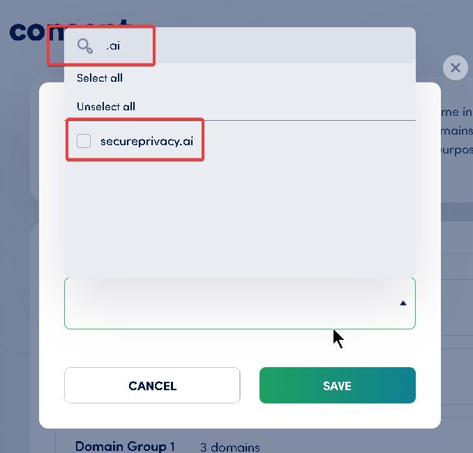 [Screenshot: New Domain Group popup with domain selection]