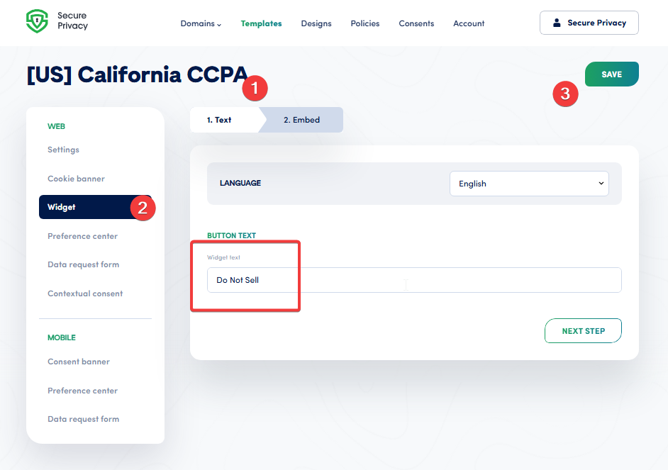 Secure Privacy Cookie widget settings screen showing Widget text field set to Do Not Sell or Share