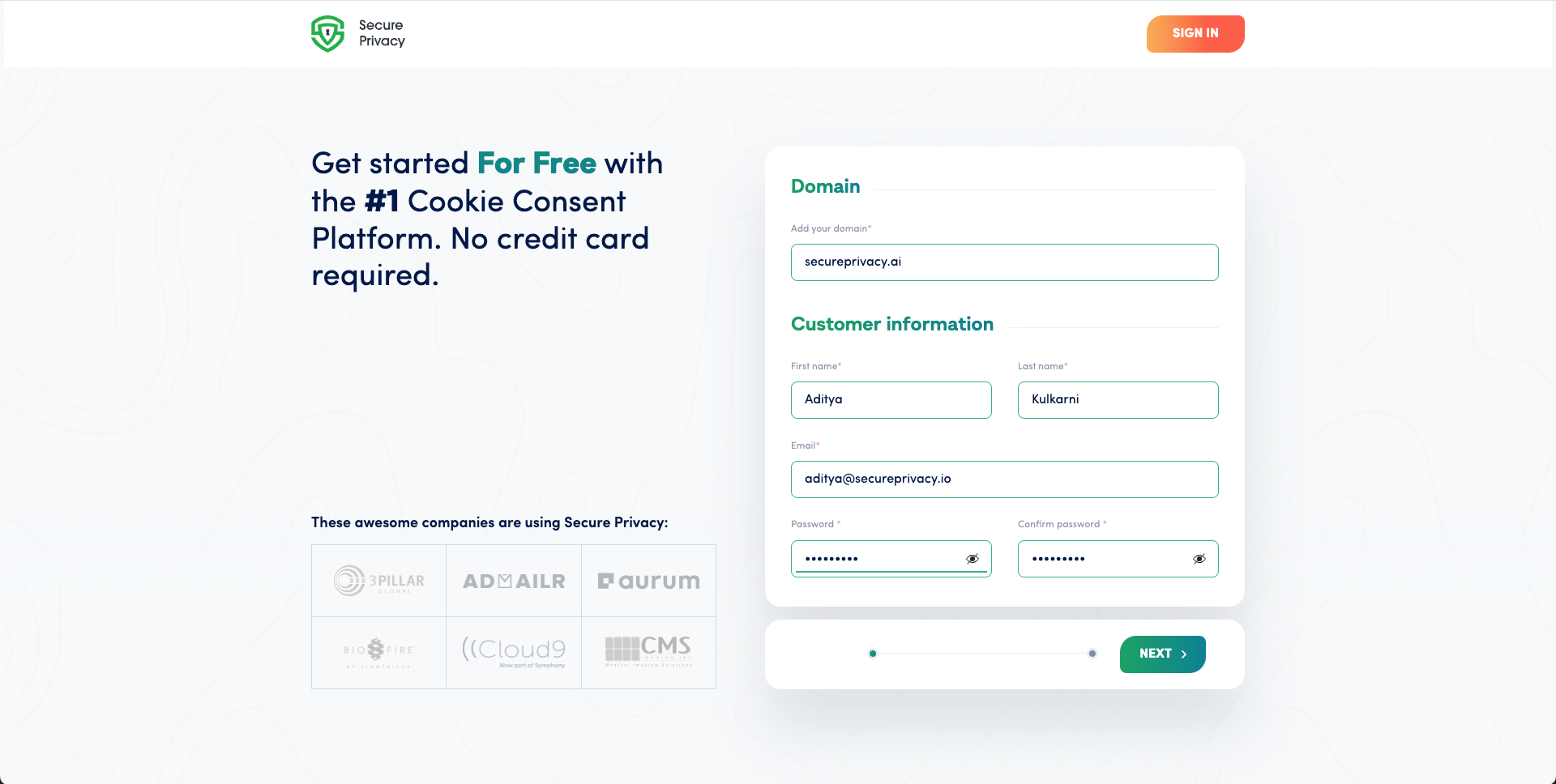 [screenshot: sign-up form with domain and account info]