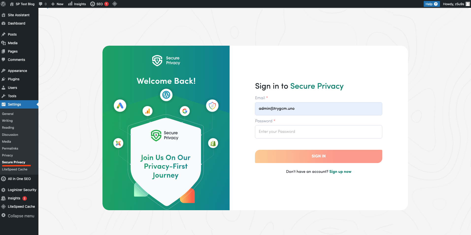 [screenshot: WordPress admin dashboard showing Settings > Secure Privacy plugin]