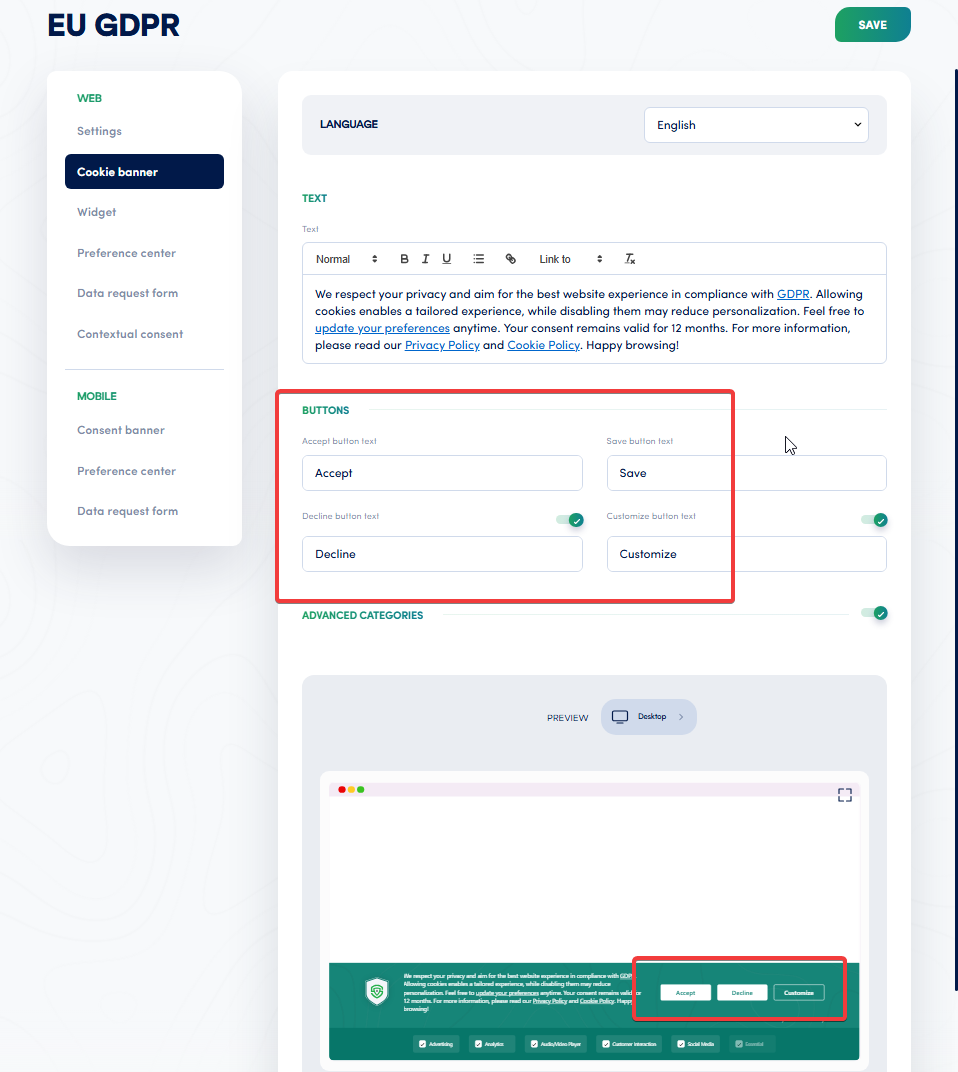 Secure Privacy Cookie banner settings screen showing Accept button text, Decline button text, Customize button text, and Advanced Categories toggle