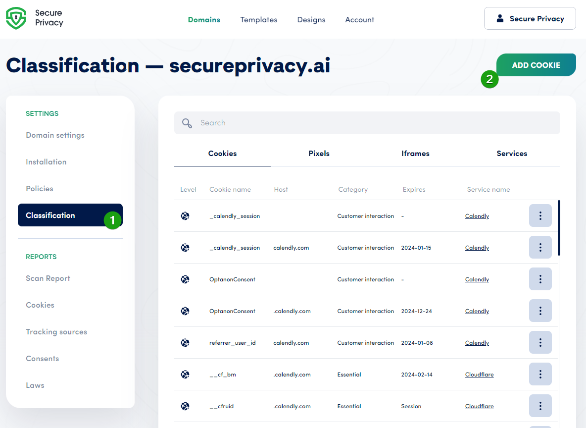 [screenshot: Classification tab with Add Cookie button highlighted]