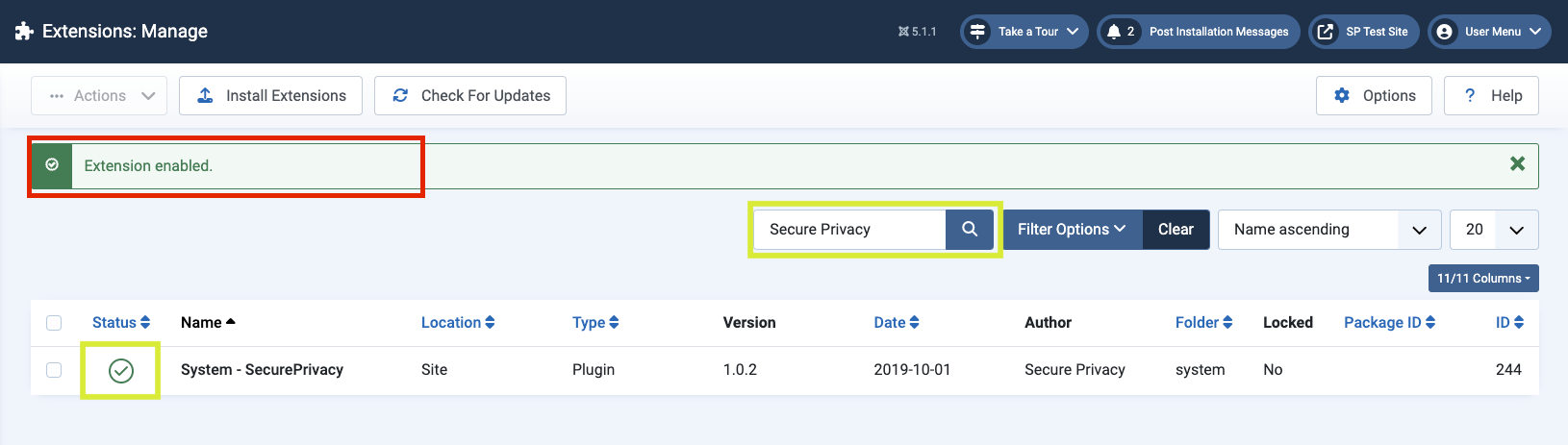 [screenshots: Joomla admin interface - click on the Status column to enable the extension