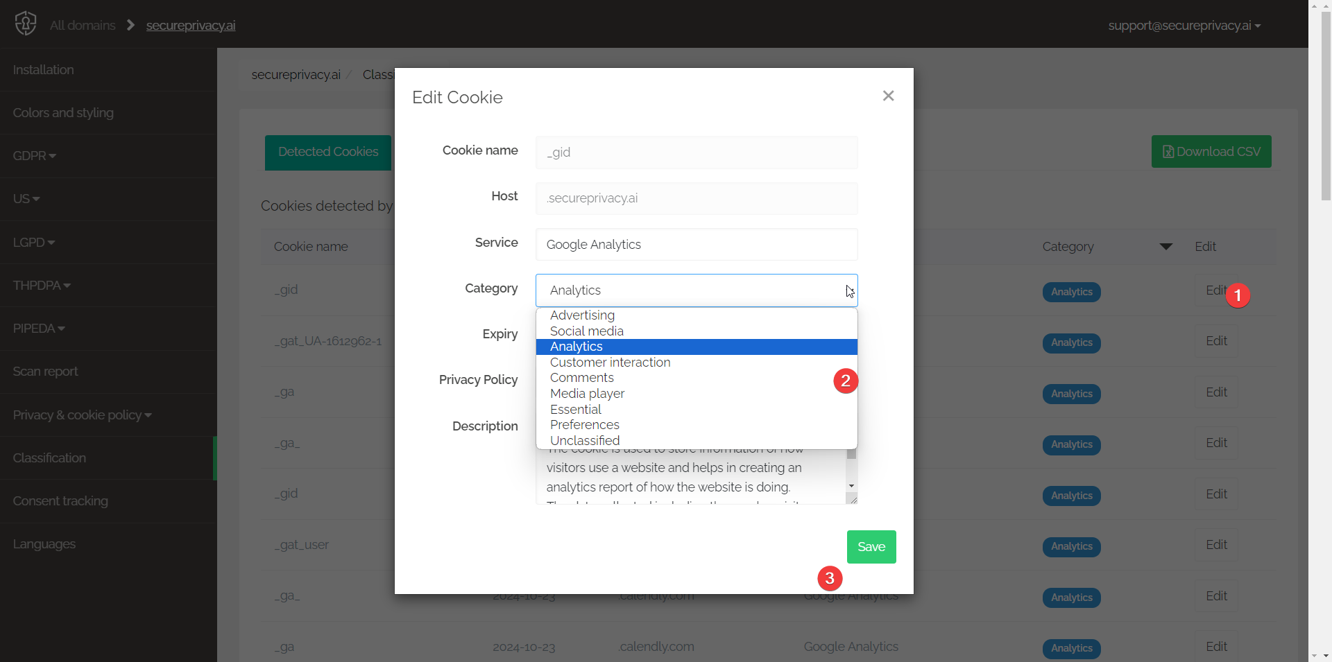 Editing cookie category in Secure Privacy dashboard