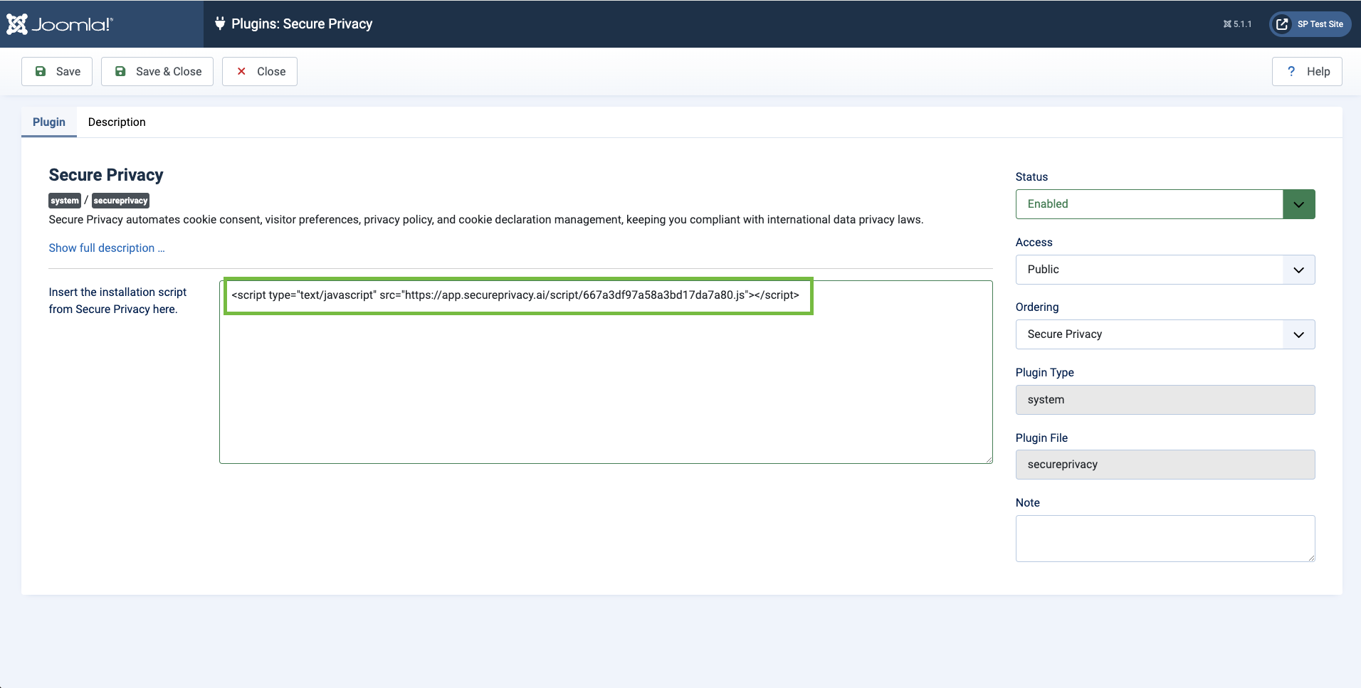 [screenshots: Joomla admin interface - Click the Plugin name to configure the installation script