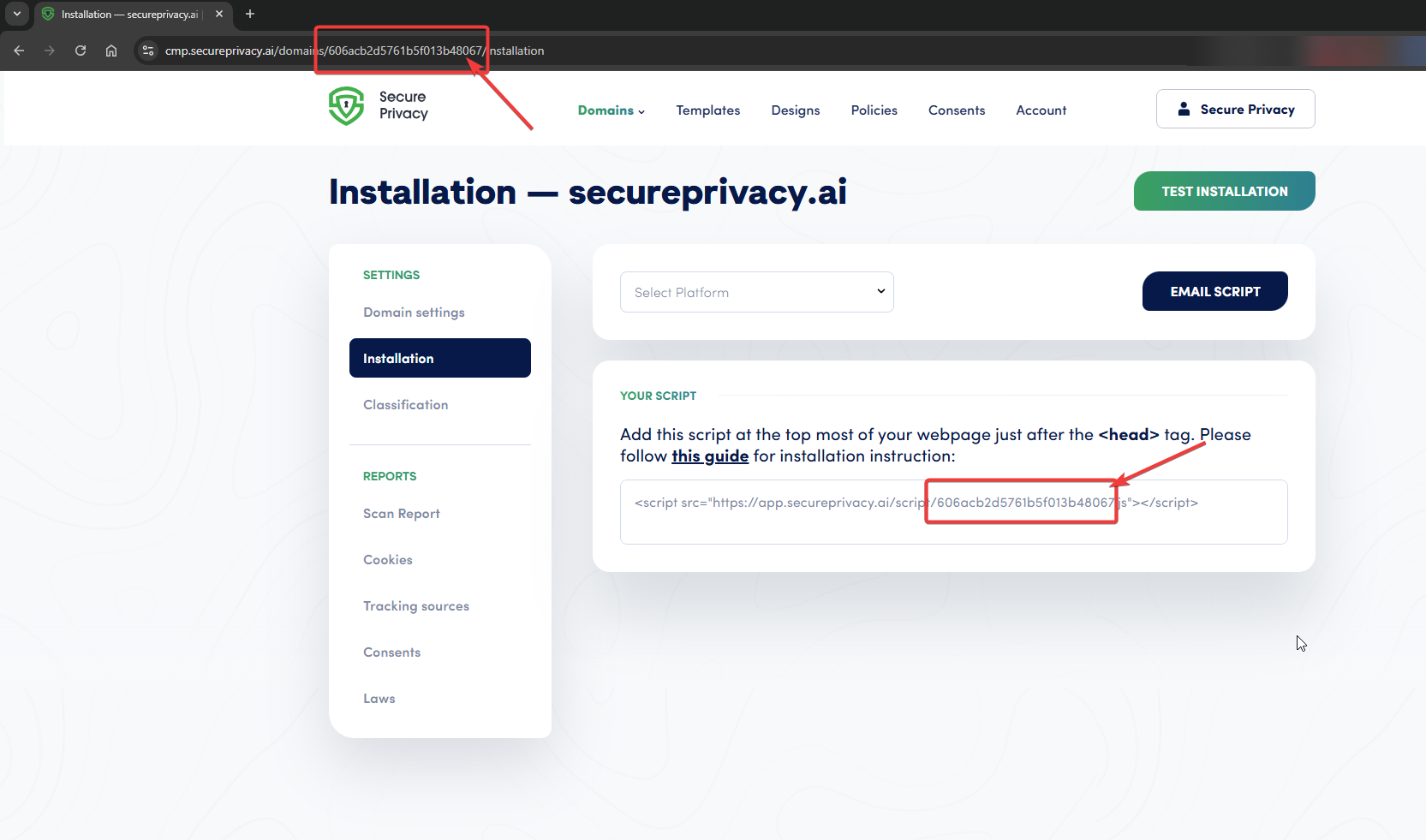Secure Privacy Domain Settings page showing the Domain ID field with a copy button