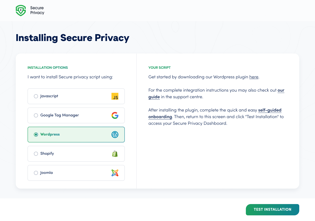 [screenshot: onboarding installation screen with WordPress selected]