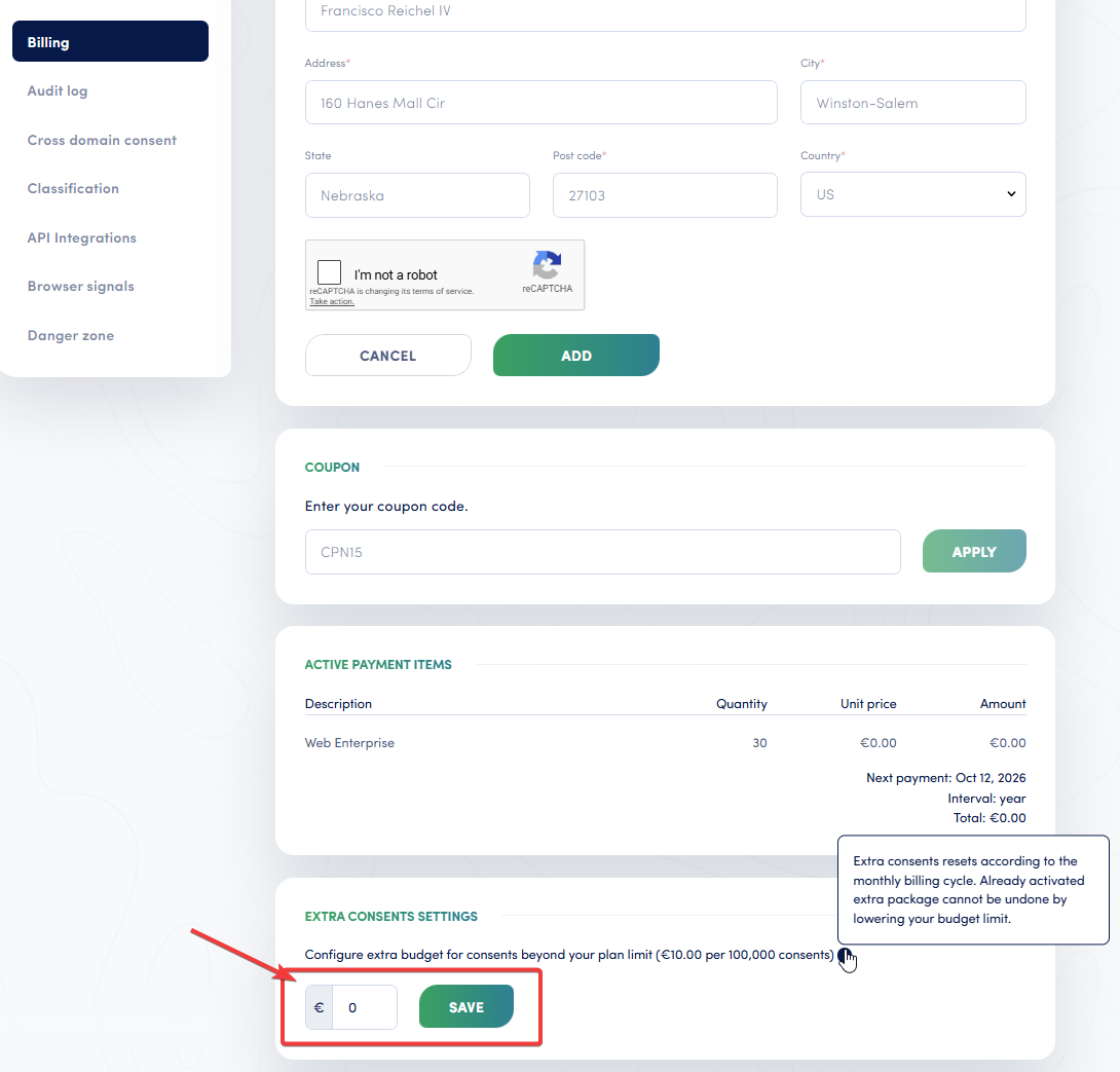 Extra Consents Settings panel on the Billing page with a dollar amount input field and Save button