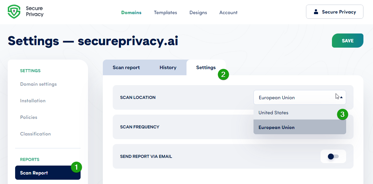 [screenshot: Secure Privacy Scan Location Settings dropdown showing EU and US options]