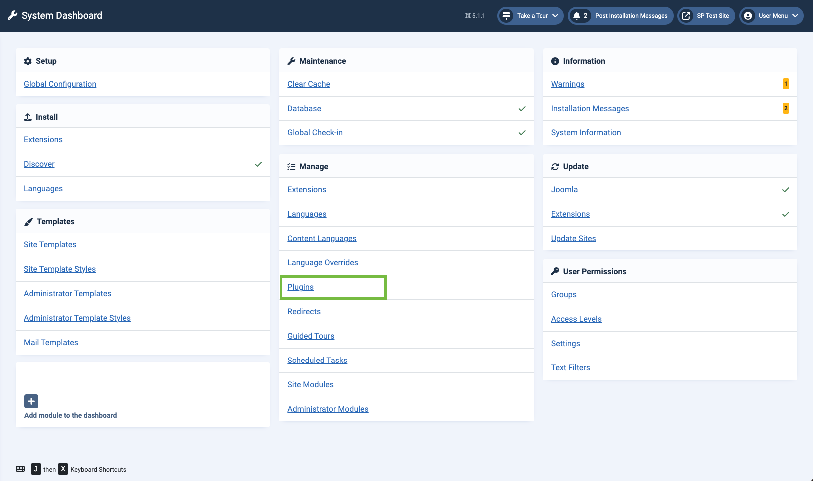 [screenshots: Joomla admin interface - System menu, and click Plugins under Manage