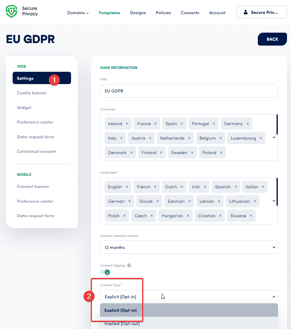 Secure Privacy California template settings screen showing Consent Type options: Implicit Opt-out and Explicit Opt-in