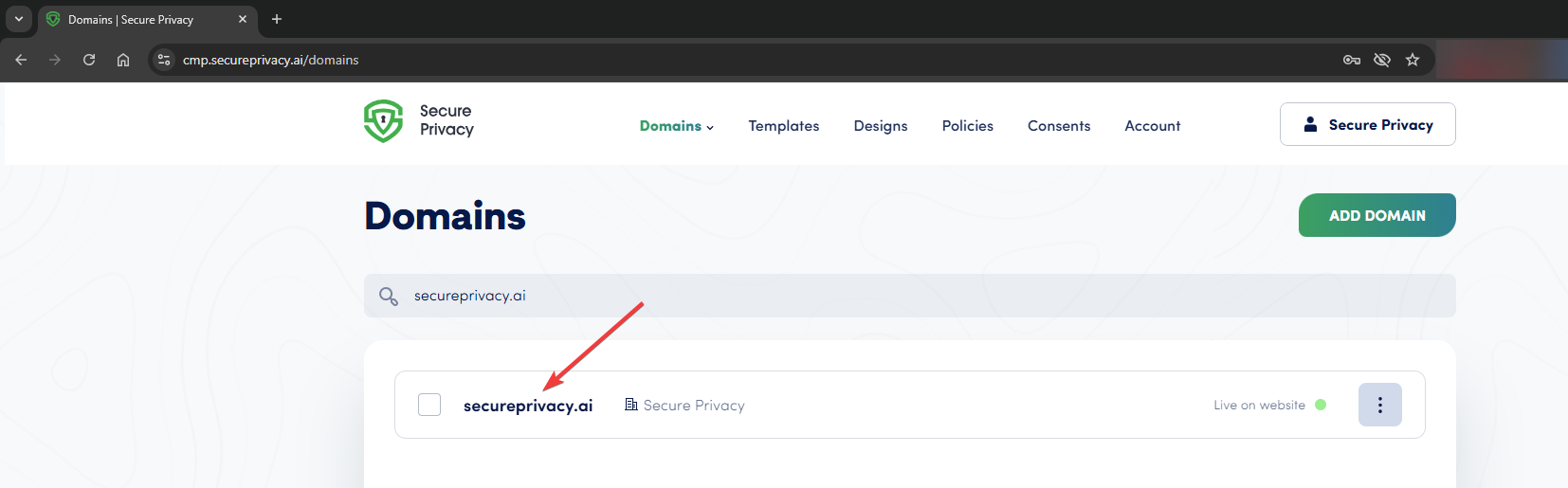 Secure Privacy dashboard showing the Websites list where domains are managed