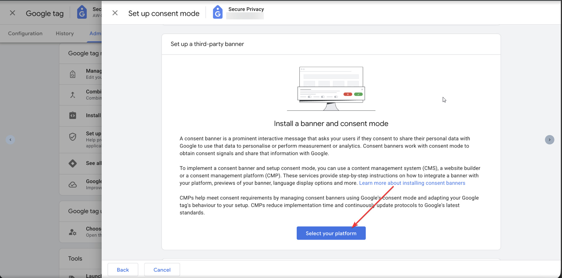 Google consent mode wizard asking which type of consent banner you have, with the I don't have a consent banner option selected