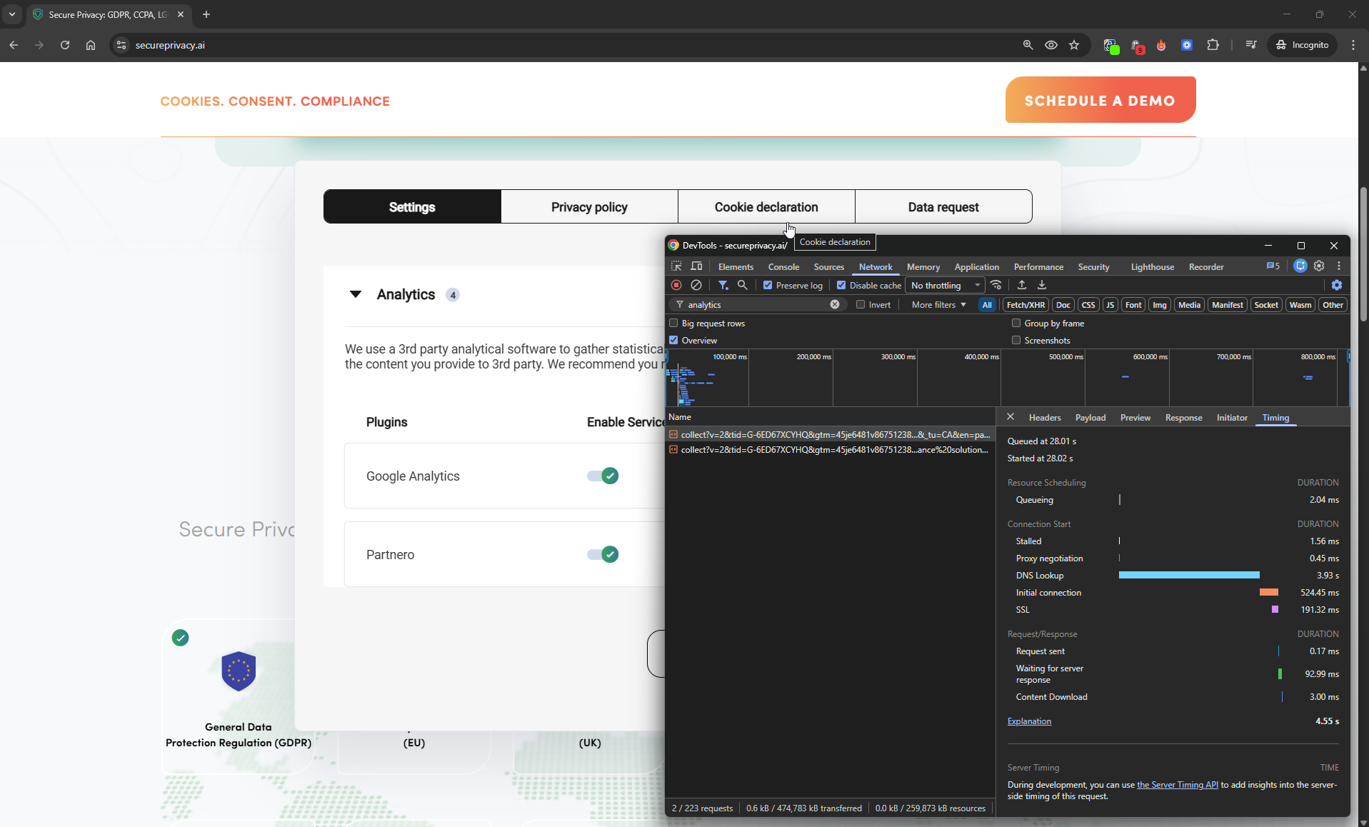 Browser DevTools Network tab showing active requests to google-analytics.com before cookie consent is declined — confirming tracking scripts are loading