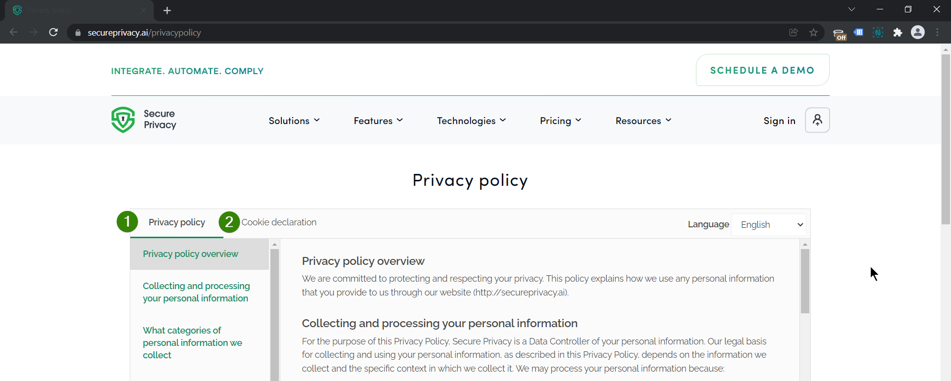 Secure Privacy Privacy policy configuration page