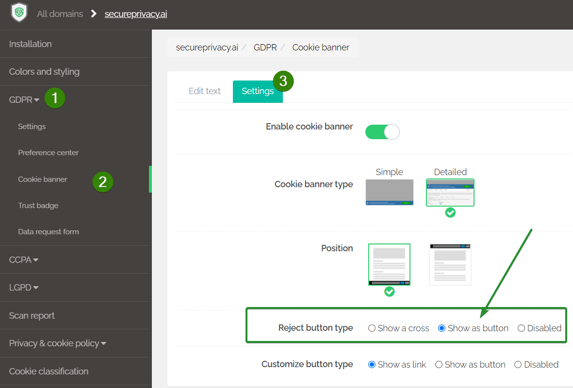 GDPR cookie banner settings showing Reject button type option