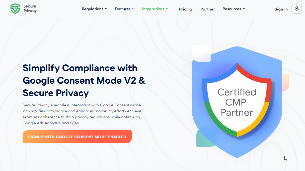 [screenshot: Google certification badge on the Secure Privacy website. Alt text: Google-certified Consent Management badge displayed on the Secure Privacy website - secureprivacy.ai]