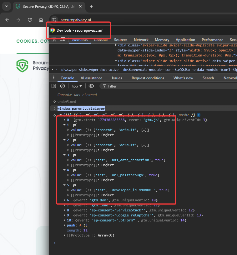 Browser console showing window.parent.dataLayer output with Google Consent Mode default and update events logged
