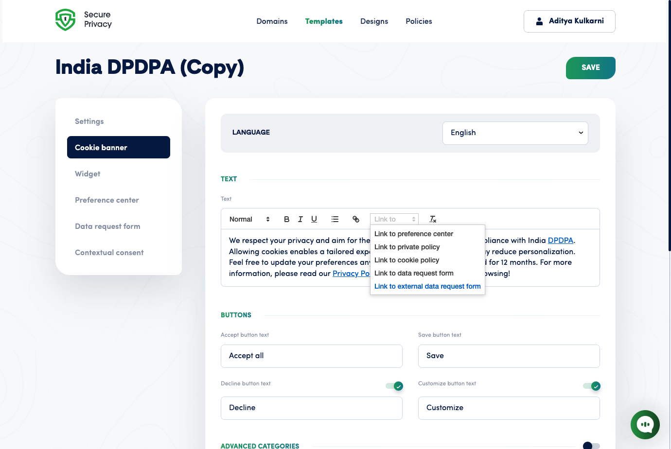 Secure Privacy Self-Service Privacy Rights Portal landing page showing language selector and nine privacy rights action cards including Delete My Information, Access My Information, and Appeal a Decision