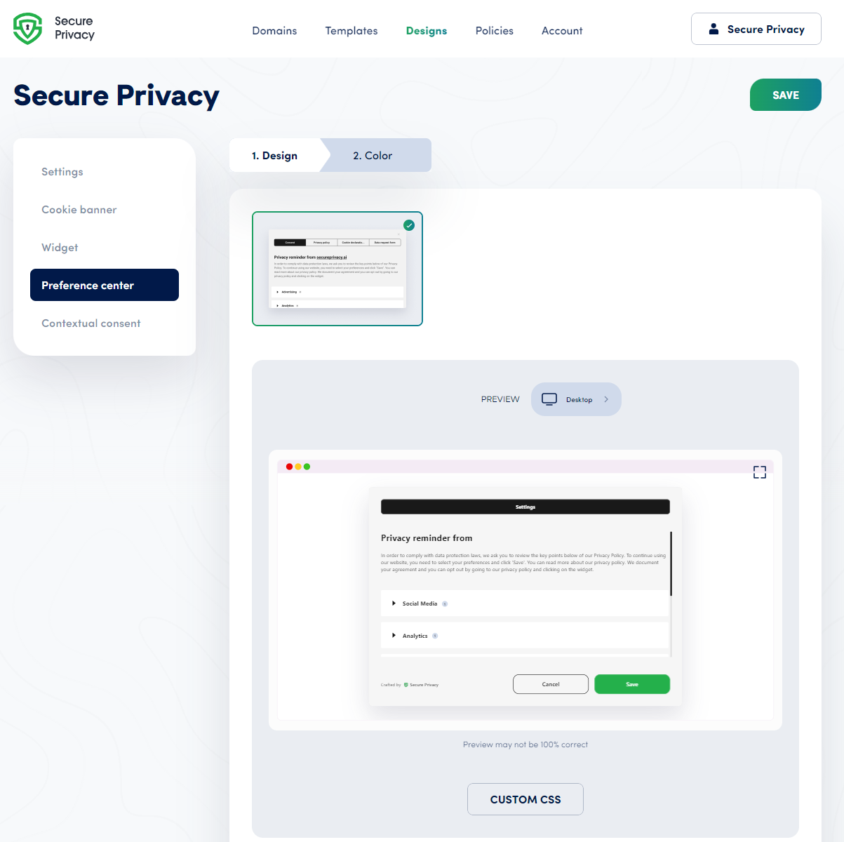 [screenshot: Custom CSS section for Preference Center]