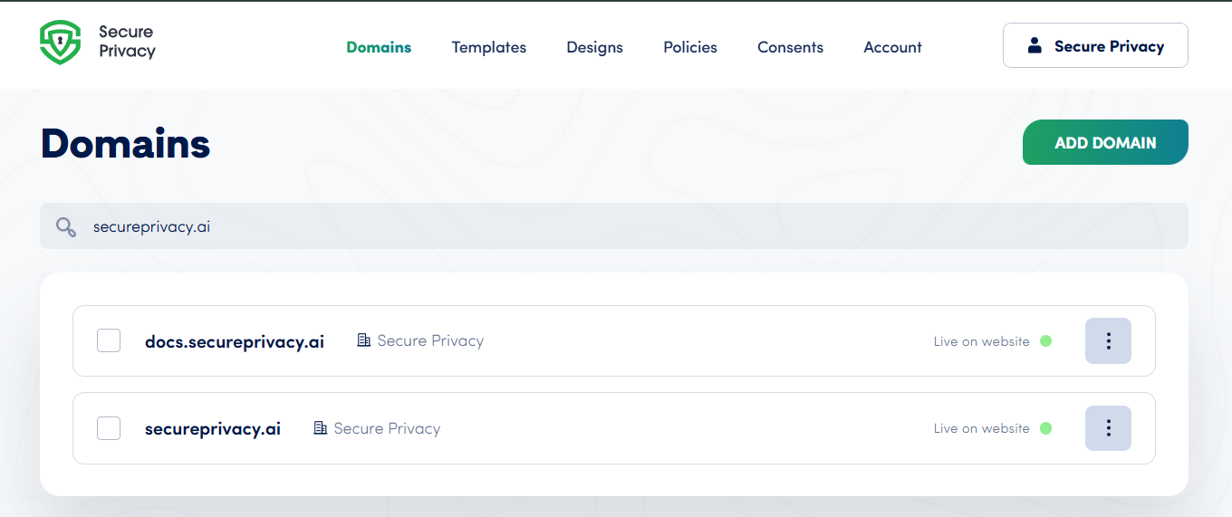 [screenshot: Secure Privacy CMP dashboard. Alt text: Secure Privacy Consent Management dashboard showing user consent controls]