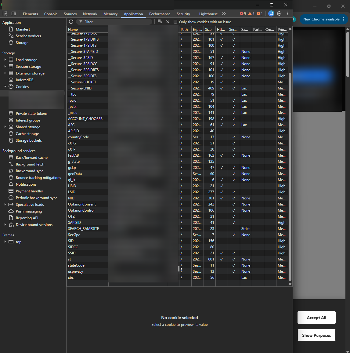 Chrome DevTools Application panel showing browser cookies set after cookie consent — including Google, OneTrust, and analytics cookies — alongside a GDPR cookie consent banner with Accept All and Show Purposes buttons