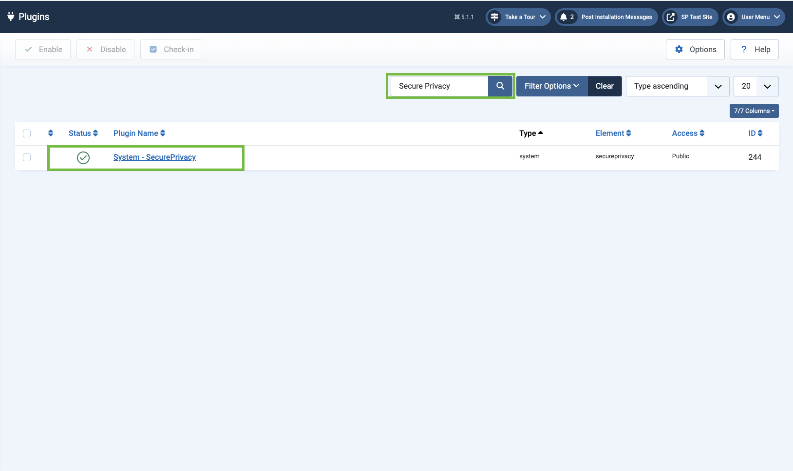 [screenshots: Joomla admin interface - Search for Secure Privacy