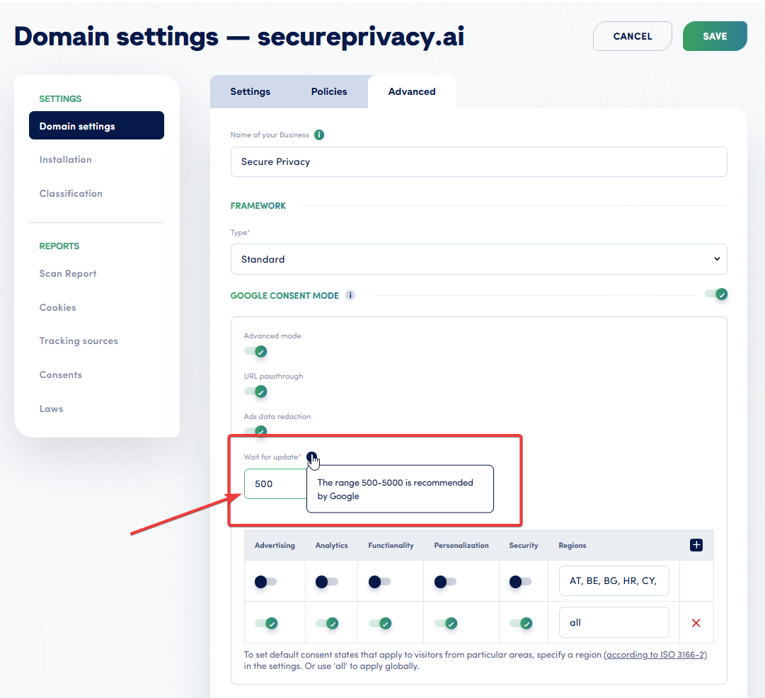 Secure Privacy domain settings showing Wait for Update field set to 500ms with tooltip stating the range 500–5000 is recommended by Google