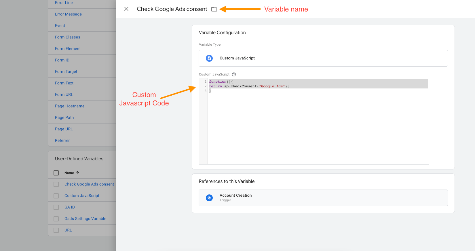 [screenshot: Google Tag Manager variable configuration showing custom JavaScript]