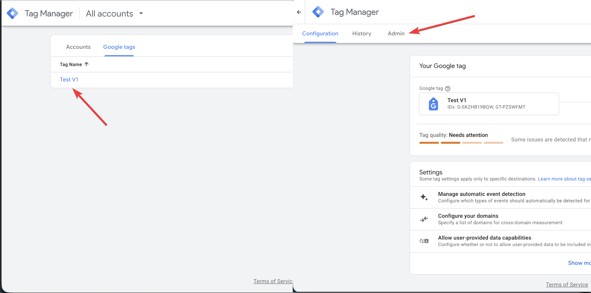 Google Tag Manager interface listing Google tags with tag name and tag IDs