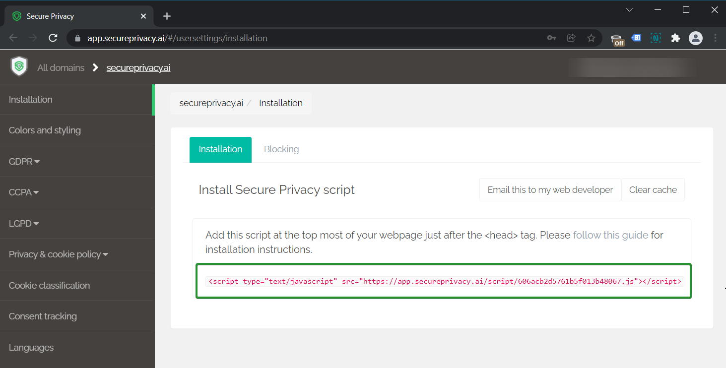 Secure Privacy installation page showing script code to copy